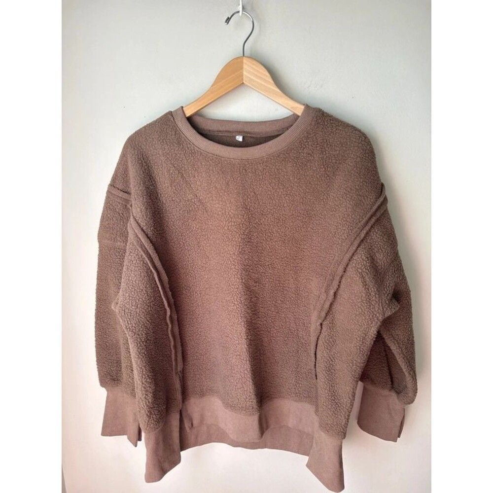 Oversized Sherpa Fleece Pullover Sweatshirt Side Slits Mauve Taupe